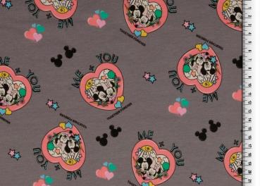 Jersey bedruckt - Micky & Minnie Maus im Herz auf Grau